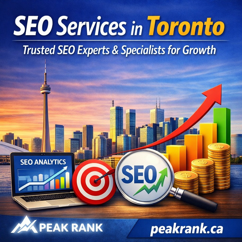 SEO services in Toronto banner showing business growth, rankings, and Peak Rank branding
